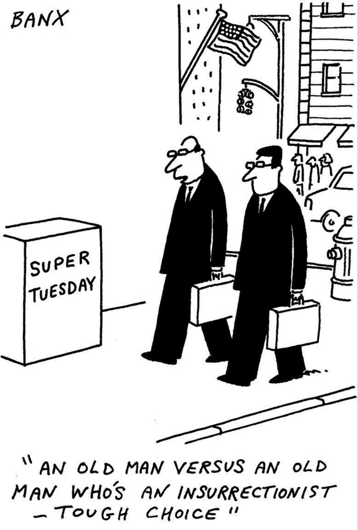 A Banx cartoon of two men in black suits holding briefcases walking past a box that says Super Tuesday
