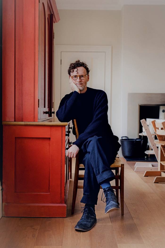 Matt wears MHL. by Margaret Howell merino-wool crew-neck jumper, £125, and cotton drill trousers, £335. Glasses, shoes, socks and rings, his own