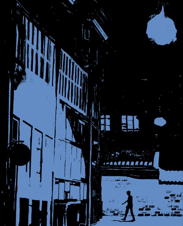 Illustration of a solitary man walking into a building