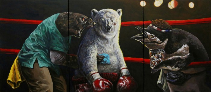 Painting of a polar bear wearing boxing gloves looking sad in a boxing ring