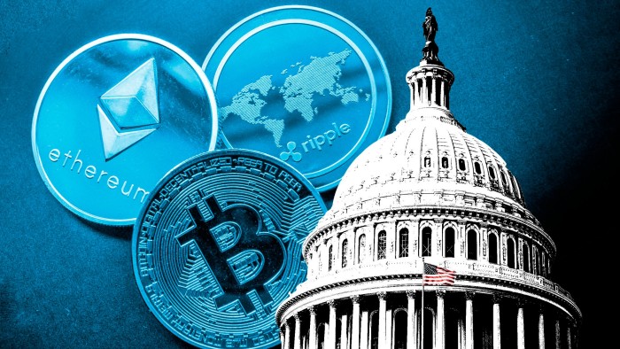Montage of cryptocurrencies and the US Capitol