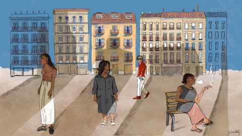 illustration of three women sitting or walking in a sunny town square and a man walking behind them in sunglasses