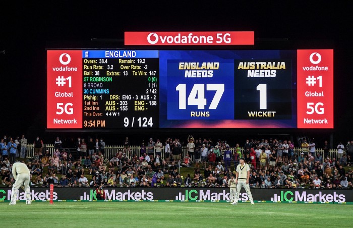 The scoreboard before the final ball during day three of the Fifth Test in the Ashes series between Australia and England at Blundstone Arena on January 16, 2022 in Hobart, Australia.