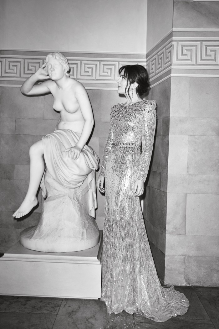 The Crown Princess in the palace beside a statue of Echo by the 19th-century Danish sculptor Herman Wilhelm Bissen