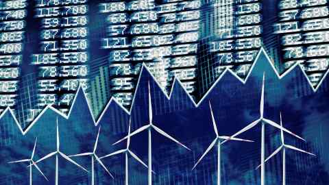 Wind turbines with price board, stock prices and diagrams