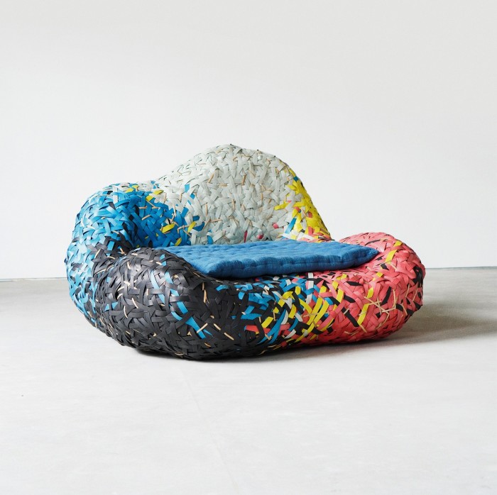 Space Available Meditation chair, 2022, by Nano Uhero, using recycled plastic strips on a rattan frame