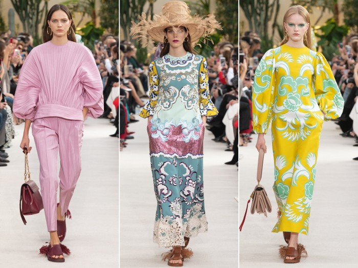 From left: Valentino cotton top, £1,490, and trousers, £980; wool dress, £1,390; cotton dress, £2,200