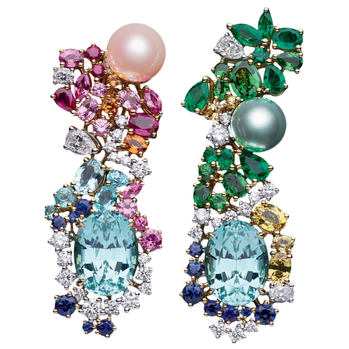 Dior Joaillerie Tie & Dior gold, cultured pearl, platinum, ruby, diamond, tourmaline, garnet and sapphire earrings, POA
