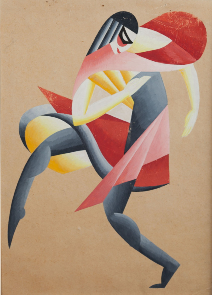 An angular, abstracted figure in red, black and yellow wearing a mask across her eyes, is dancing, one leg raised