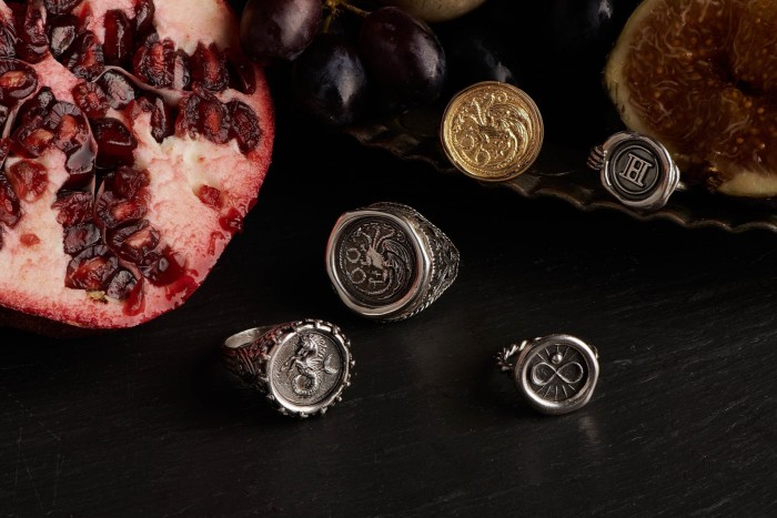 Siz rings inscribed with the crests of characters from the HBO series, House of the Dragon