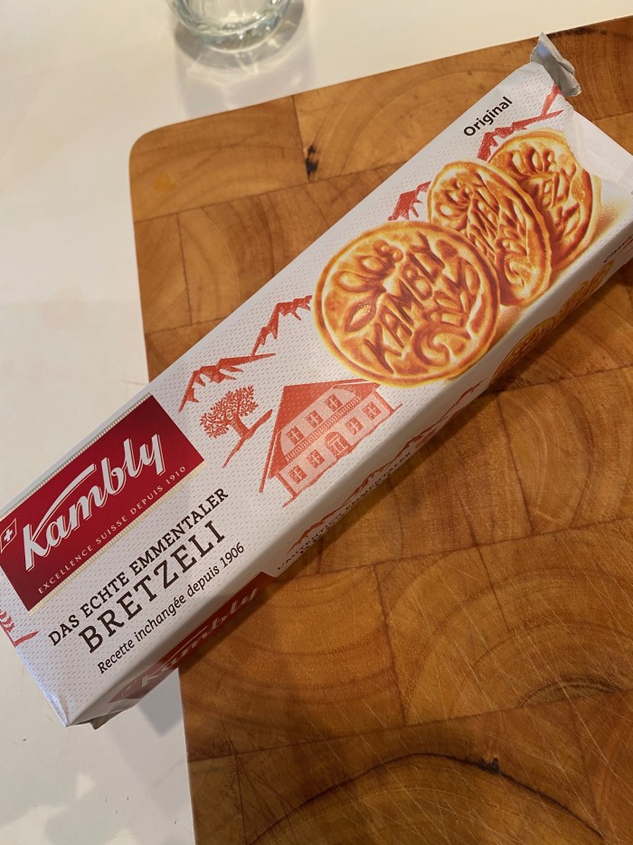 A packet of Kambly cookies on a table