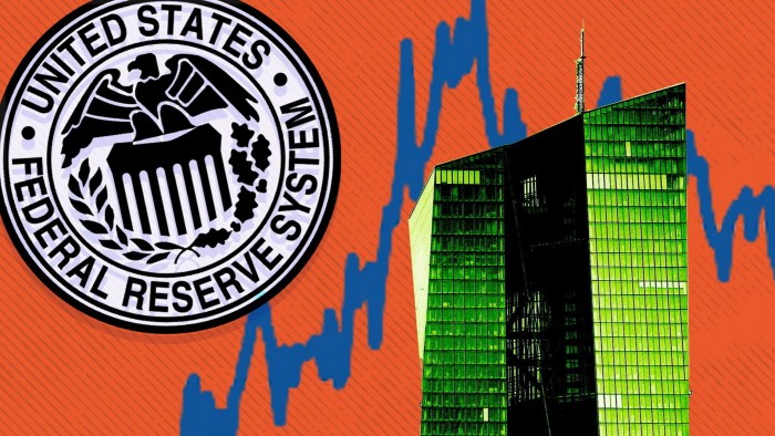 ECB building, Federal Reserve logo, chart