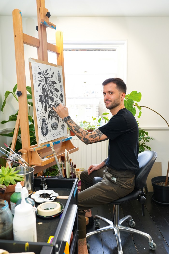 “Botanical tattoo artist” Daniel the Gardener works on both skin and canvas, and creates pieces rooted in the relationship between humans and nature