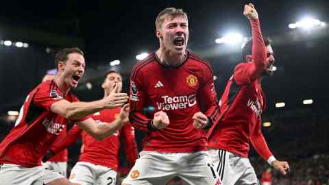 Manchester United players celebrate a goal during their defeat of Aston Villa in December. Sir Jim Ratcliffe has already shown devotion to winning over the club’s staff and fans