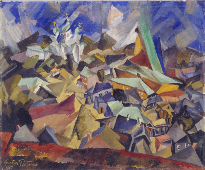 An angular, abstract image of a group of houses, in blues and browns