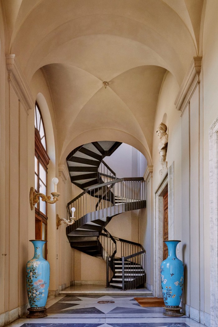 A staircase inside the Palazzo Lomellino, designed by Franco Albini in the 1950s