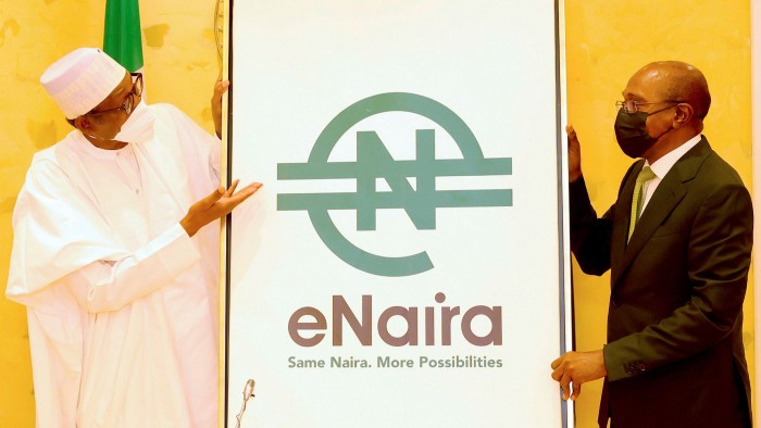 Nigerian president Muhammadu Buhari and central bank governor Godwin Emefiele introduce Nigeria’s digital currency, the eNaira 