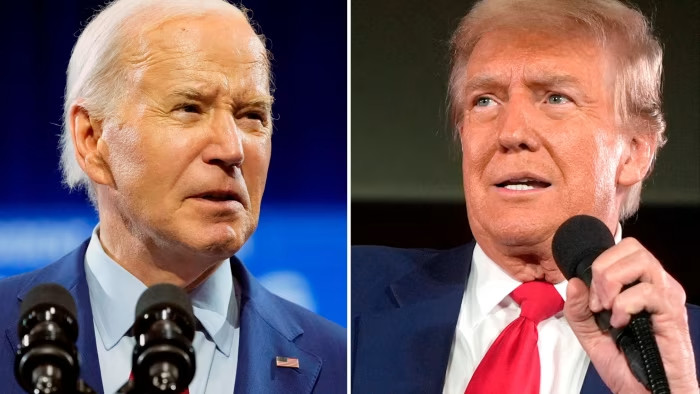 A split image with Joe Biden, left, and Donald Trump, right