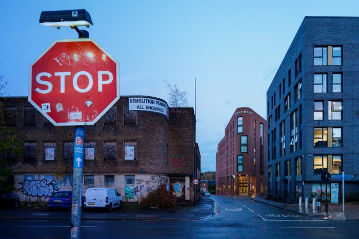 A stop sign and buildings in one of Sheffield’s red light districts