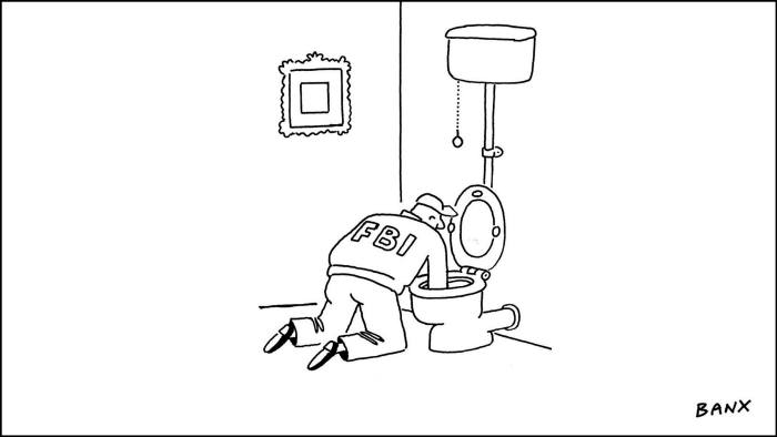 An illustration of an NBI agent searching a toilet