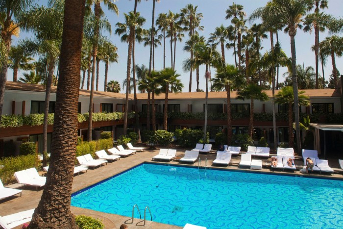 Photo of an outdoor swimming pool with gleaming white loungers and lots of tall palm trees