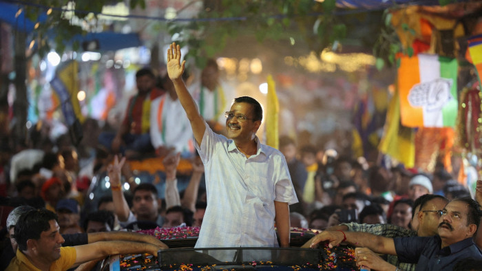 Delhi chief minister Arvind Kejriwal attends a rally afte receiving temporary bail from India’s Supreme Court this month
