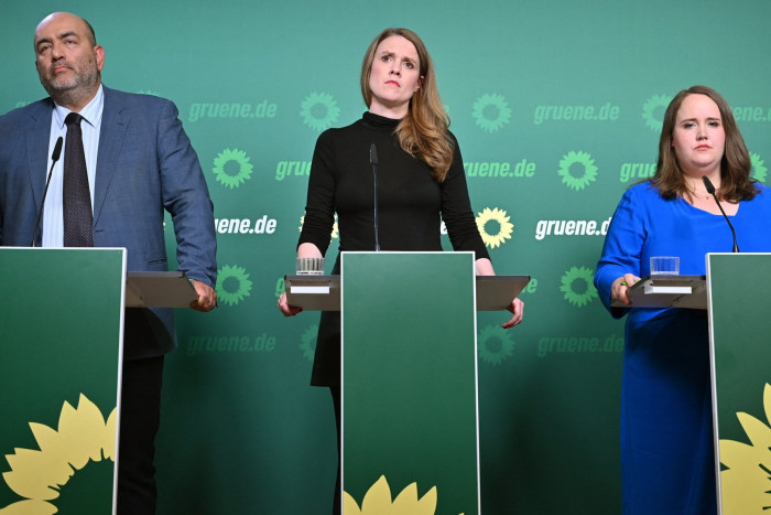 Candidate Terry Reindtke centre, flanked by co-leaders Ricarda Lang, right, and Omid Nouripour, left.