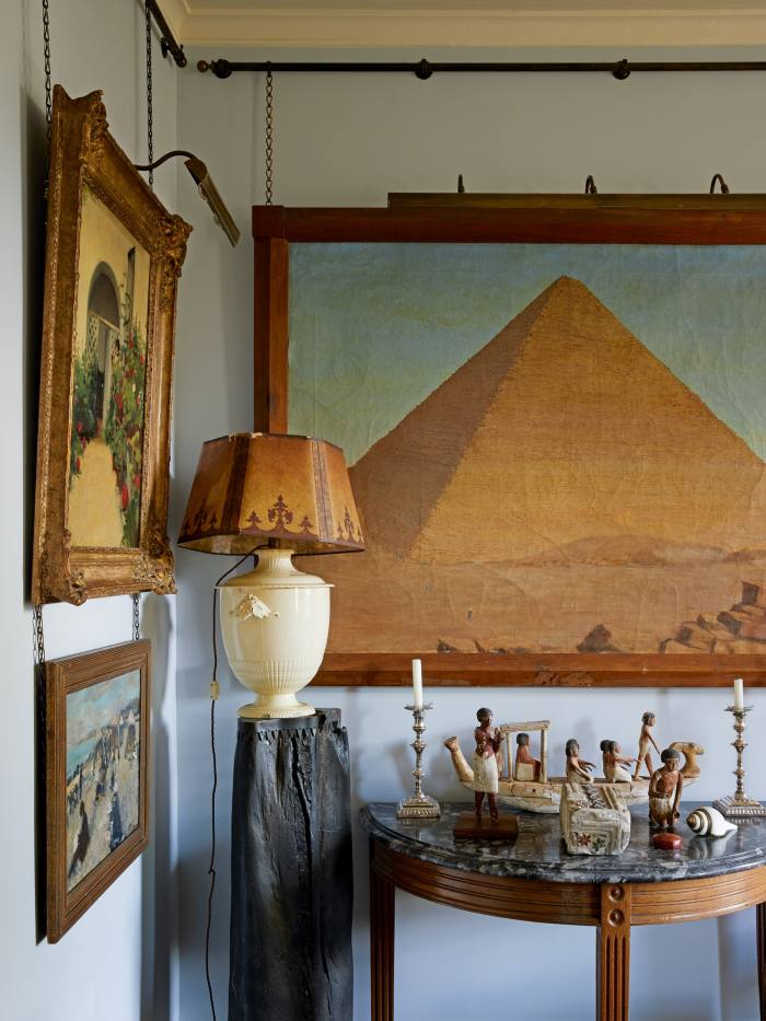 Egyptian objects in the London apartment of antiques dealer Robert Kime