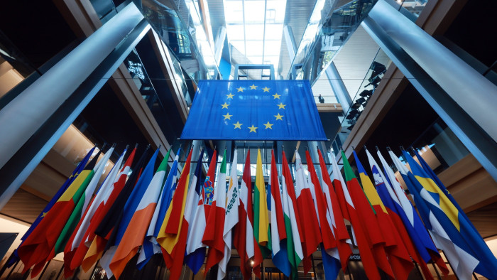Flags at the European Parliament building 