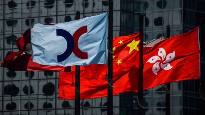 Flags of the Hong Kong stock exchange, China and Hong Kong
