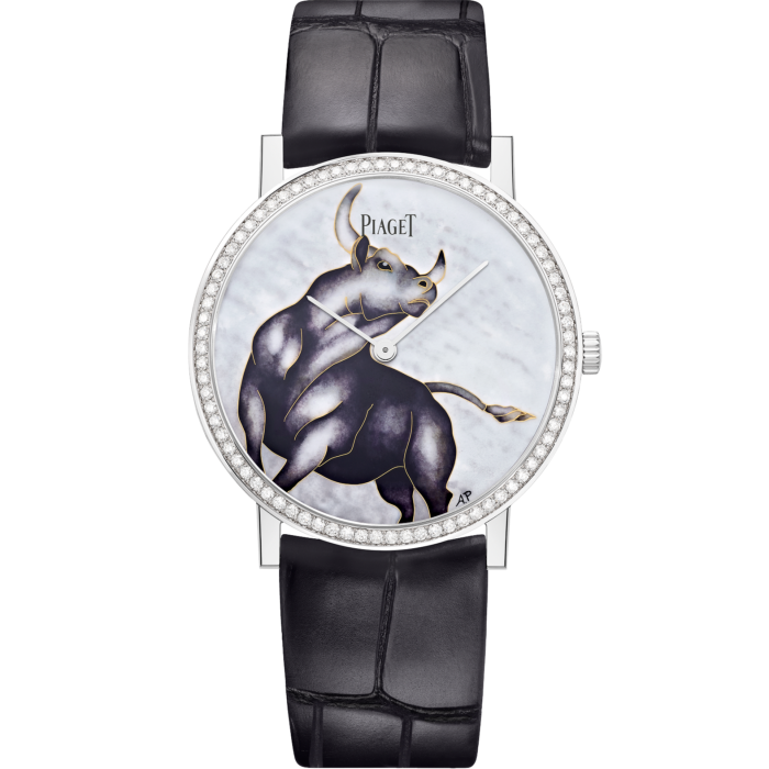 Piaget Altiplano: cloisonné enamel ox-motif dial in 18ct white gold set with 78 brilliant-cut diamonds, £63,000. Limited edition of 38