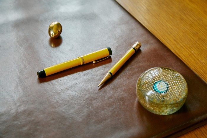 From left: Carl Auböck brass egg paperweight, £185. Vintage 1926 Parker Duofold set, £3,750. Vintage Murano paperweight, £95