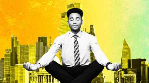 Man in shirt and tie sitting in a meditation pose
