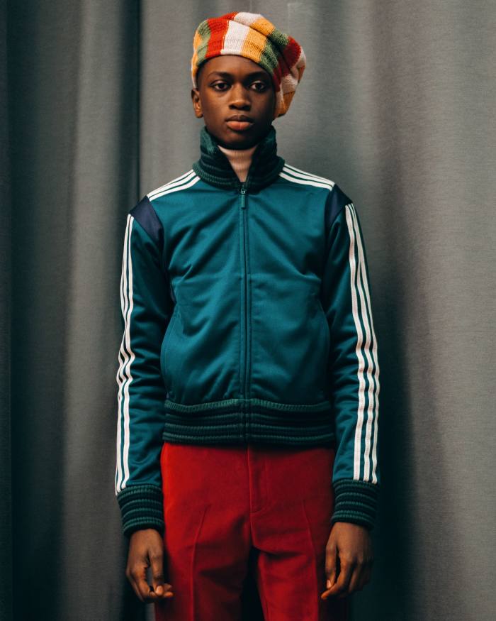 Wales Bonner for Adidas Originals Lover’s tracktop, £215. Goto Colour Block rollneck (just seen), £325. Dub Tuxedo trousers, £495. Lover’s Rock wool beanie, £105