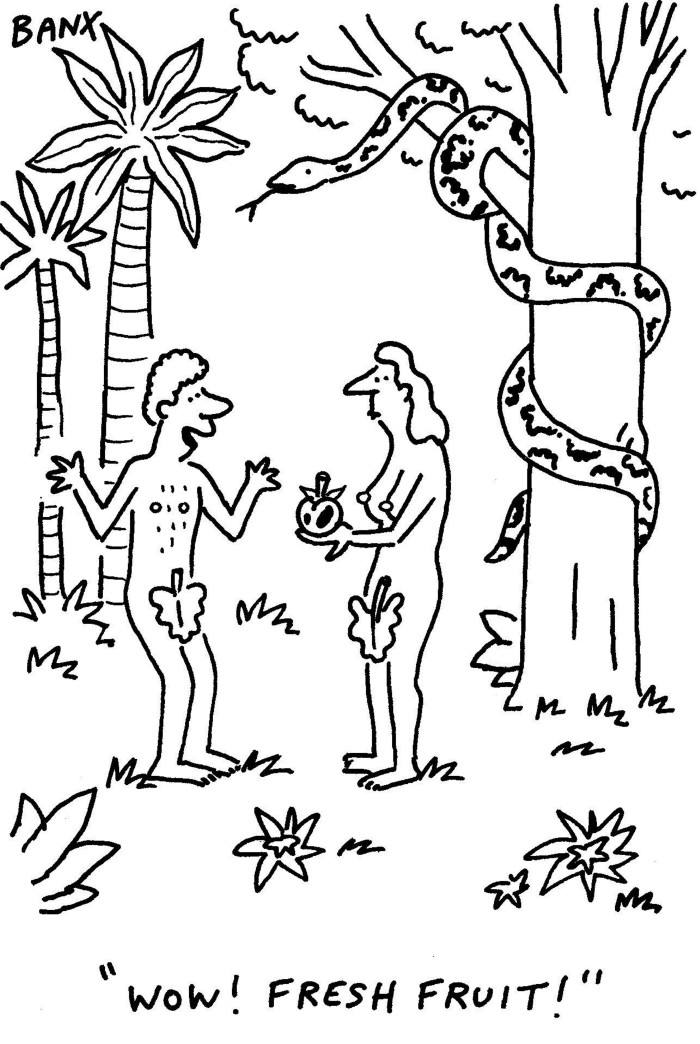 Cartoon of Adam and Eve in the garden, with Eve offering Adam a fruit. A serpent is coiled around a tree near them