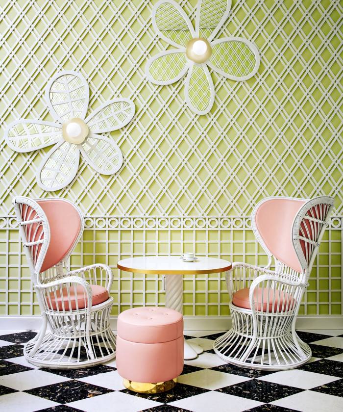 The playful aesthetic and curvaceous furniture of Ladurée Beverly Hills are pure Mahdavi