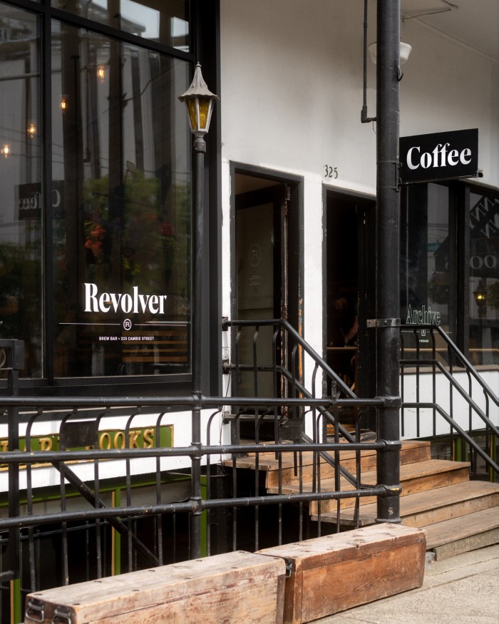 The black and white facade of Revolver coffee