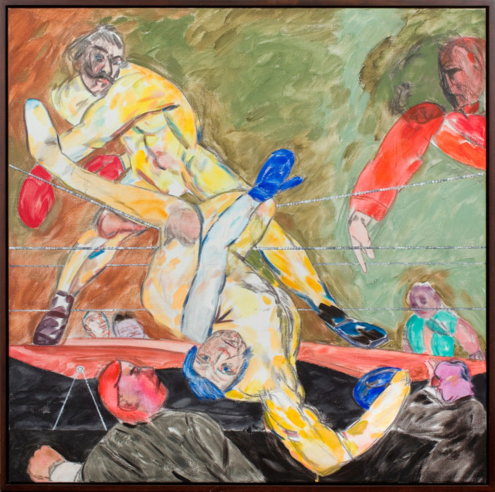 In a painting, two yellow-coloured young men fight each other in a wrestling arena. In the foreground, one of them is knocked out of the wrestling ring. The winning figure, captured in the background, wears red boxing gloves, the losing one, a blue pair.
