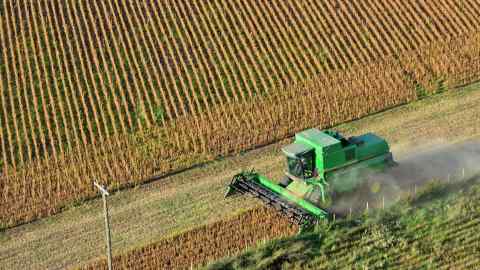 Soybeans are harvested near Rojas, Argentina
