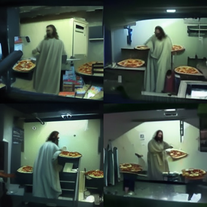 A meme of security cam footage of Jesus trying to steal a pizza
