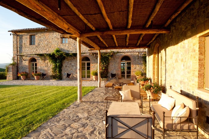 The patio at the Rosewood Castiglion del Bosco near Siena
