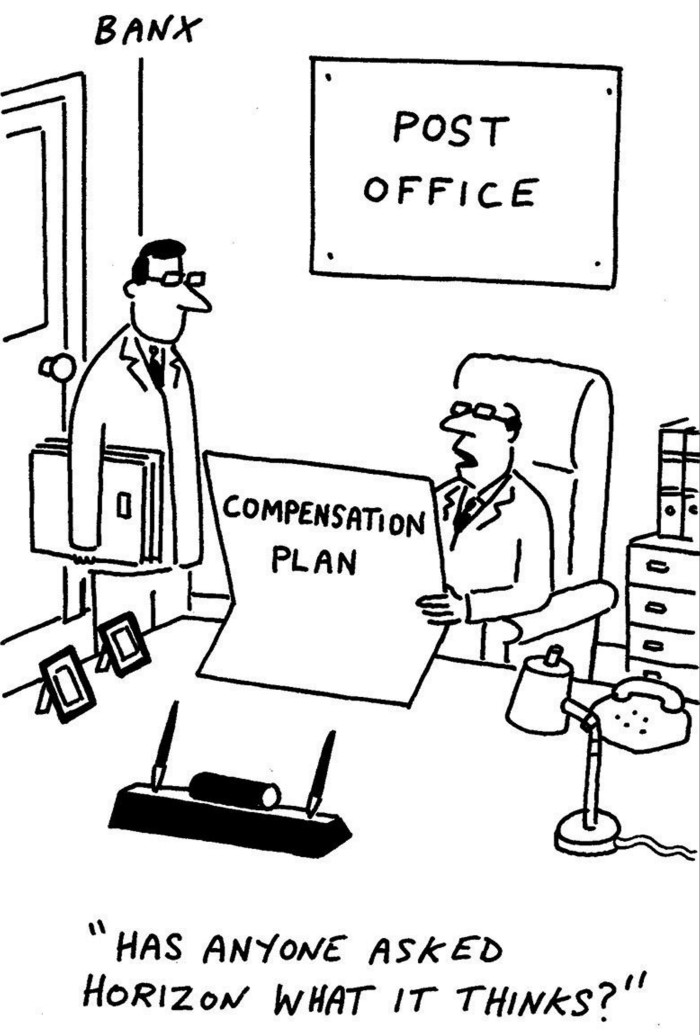 A Banx cartoon of two men talking in a post office about compensation 