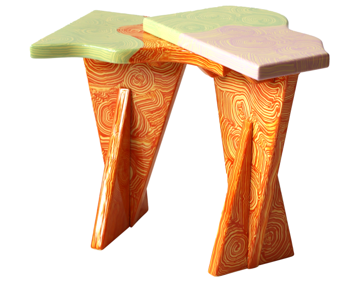 Malachite gets a kaleidoscopic retool. This high-octane handpainted and lacquered table, POA, by PPCDV (the newest incarnation of design duo Peter Pilotto and Christopher De Vos) takes sitting-room psychedelia into the stratosphere.