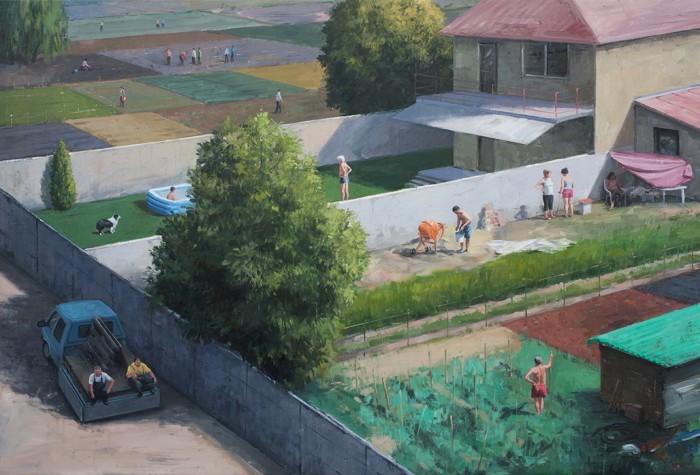 An aerial painted scene shows people working in the fields; a child and an elderly man enjoying the sun by the swimming pool; a family renovating their yard; and a man tending his garden