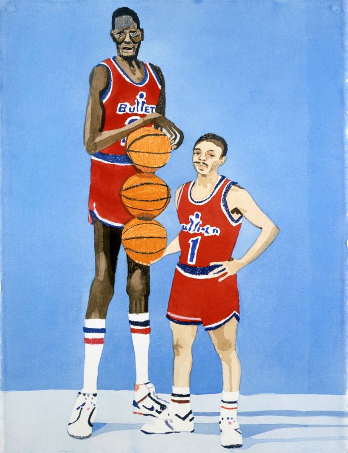 Painting where a very tall basketball player looms over a shorter one while carrying three basketballs