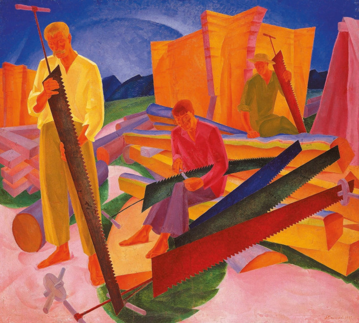 In the foreground, one man stands holding a large saw. Behind him, two other men sit, also sharpening saws in reds, oranges, yellows and greens