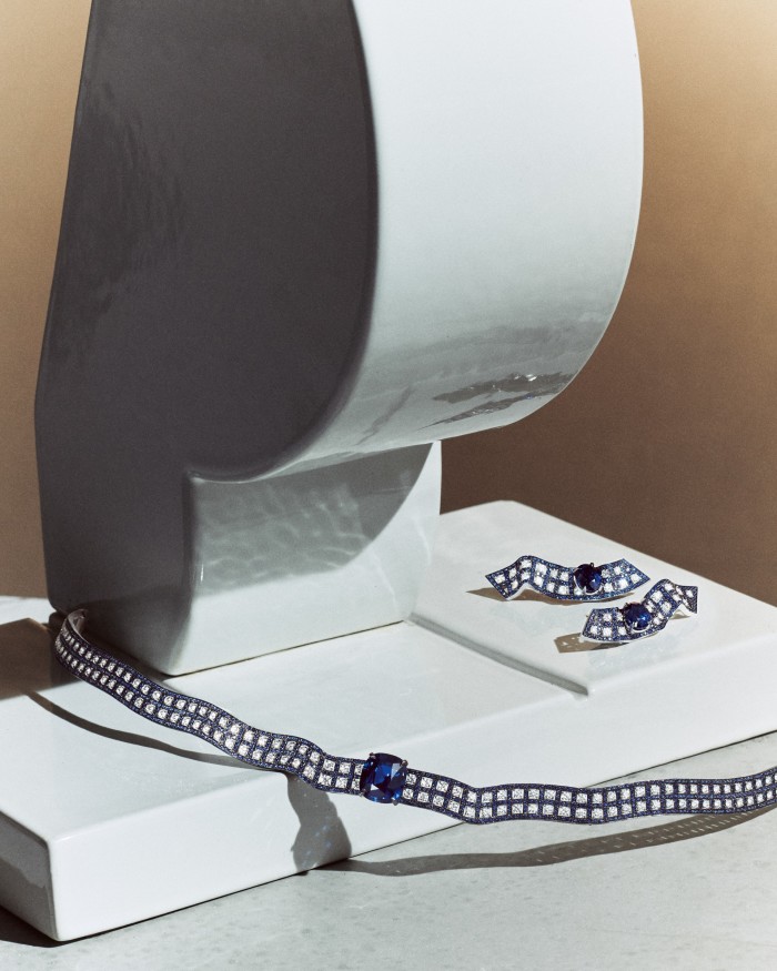 From left: Dior Joaillerie white-gold, diamond and sapphire Dior Print necklace, and white-gold, diamond and sapphire Dior Print earrings