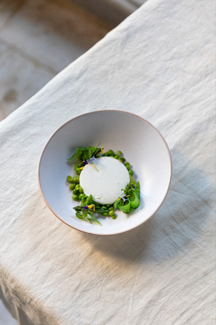 Smoked sheep’s curd with spring greens