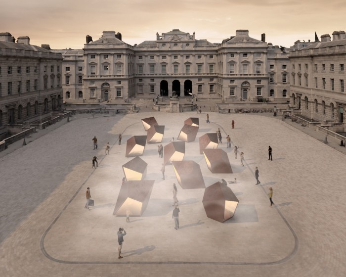 A digital rendering showing abstract sculptures in a grand neoclassical courtyard