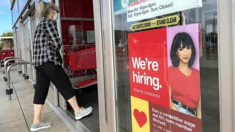 A hiring sign on a Target store in San Rafael, California